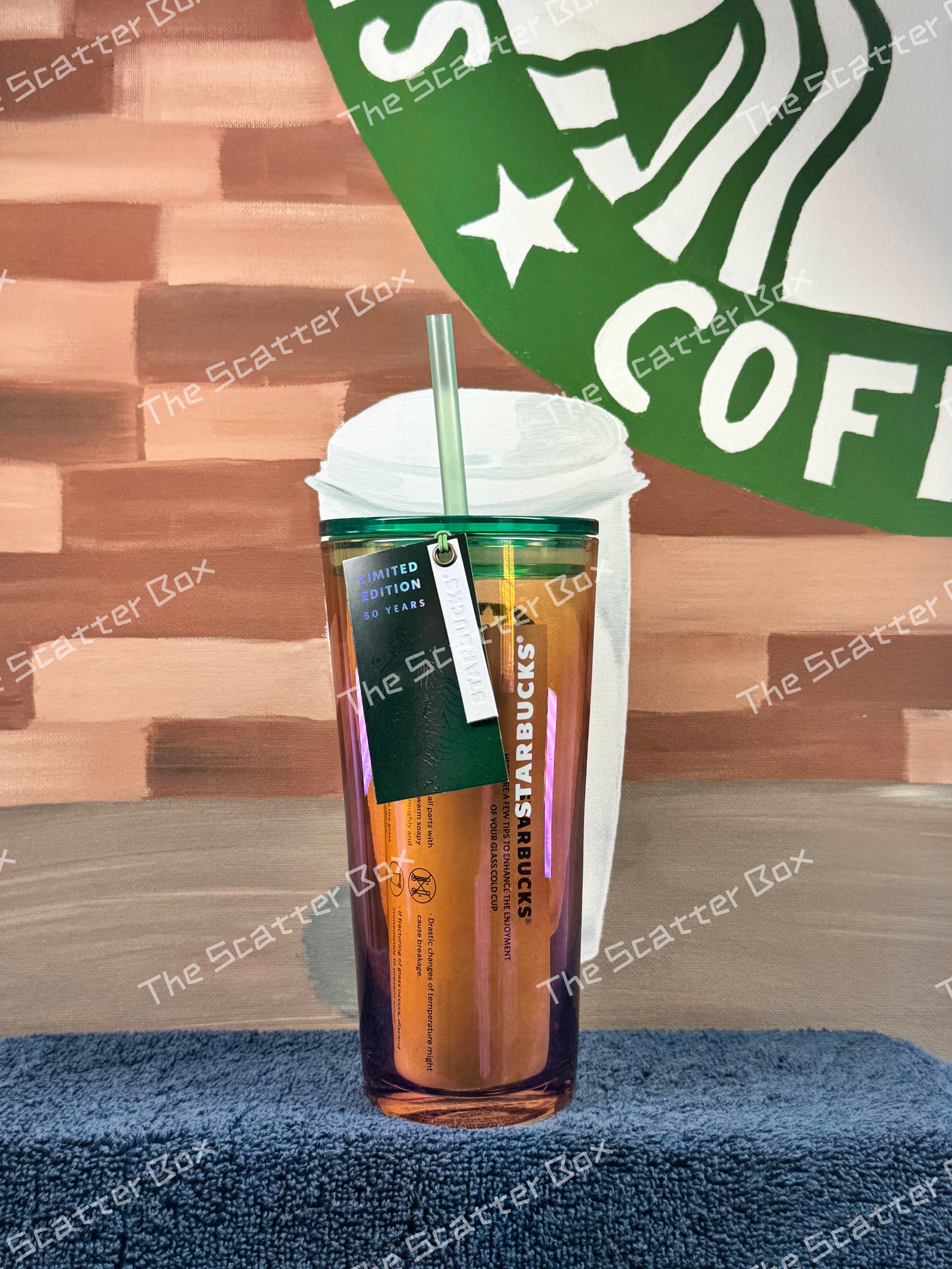 Starbucks 50th Anniversary Glass Tumbler with an Amber Luster, Oil Slick Finish
